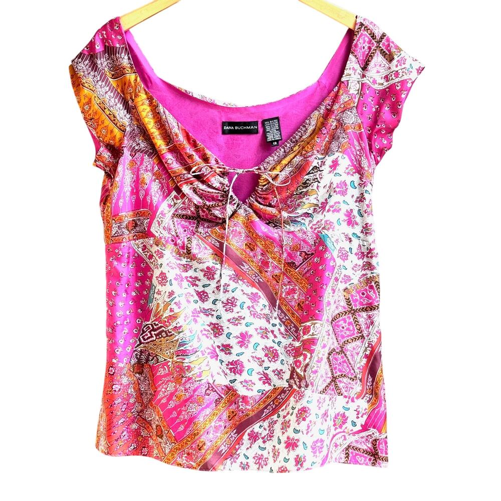 Dana Buchman Vintage Y2K 100% Silk Patchwork Paisley Cap Sleeve Blouse 12